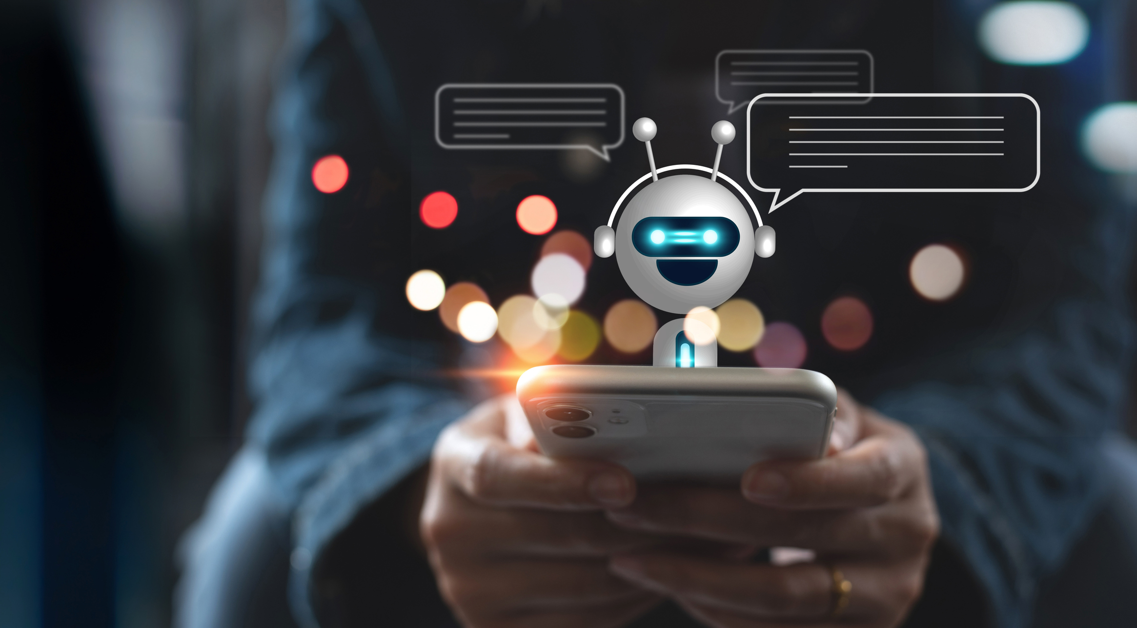 AI-powered virtual assistant chatbot interacting with a user on a smartphone, representing intelligent automation and 24/7 customer support.
