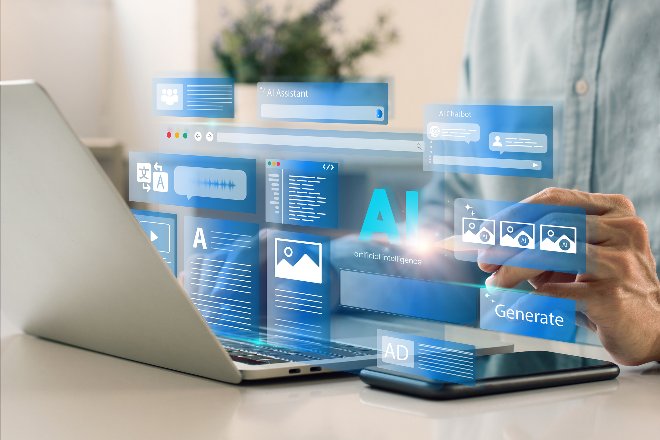 AI-powered content generation and exploration on a digital interface, showcasing artificial intelligence-driven search, chatbots, and automation tools.