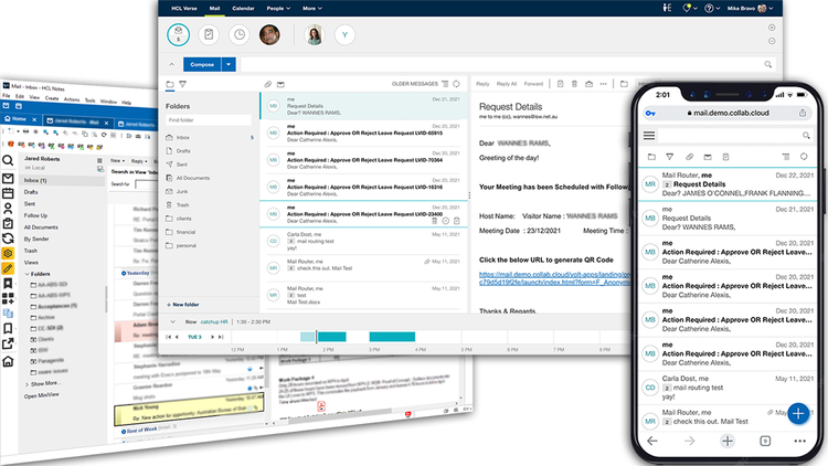 HCL Notes and HCL Verse email interfaces displayed on desktop, web, and mobile, showcasing seamless cross-platform accessibility and modern email management.