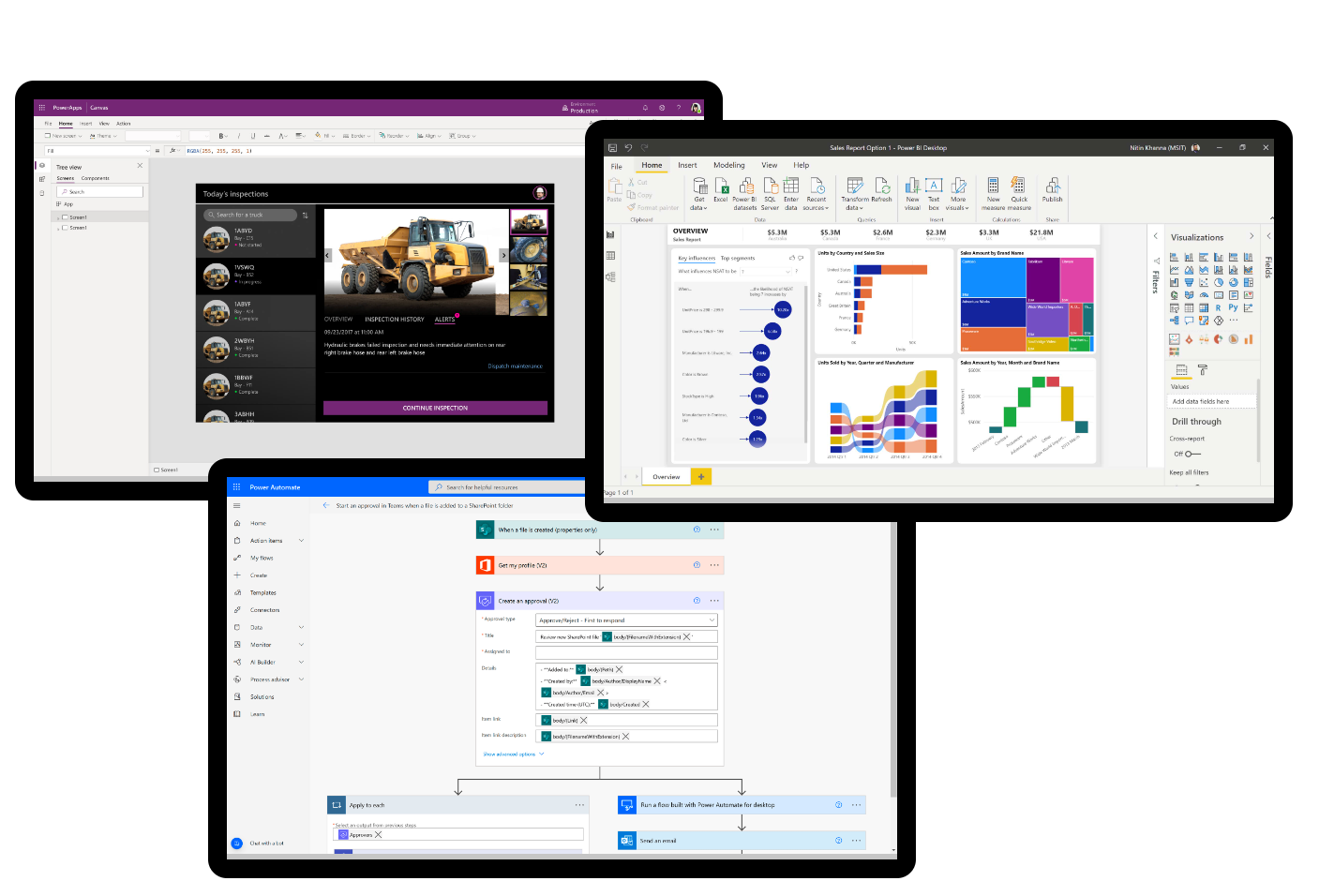 Screens showcasing Microsoft Power Platform tools—Power Apps for app development, Power Automate for workflow automation, and Power BI for data visualisation and analytics.
