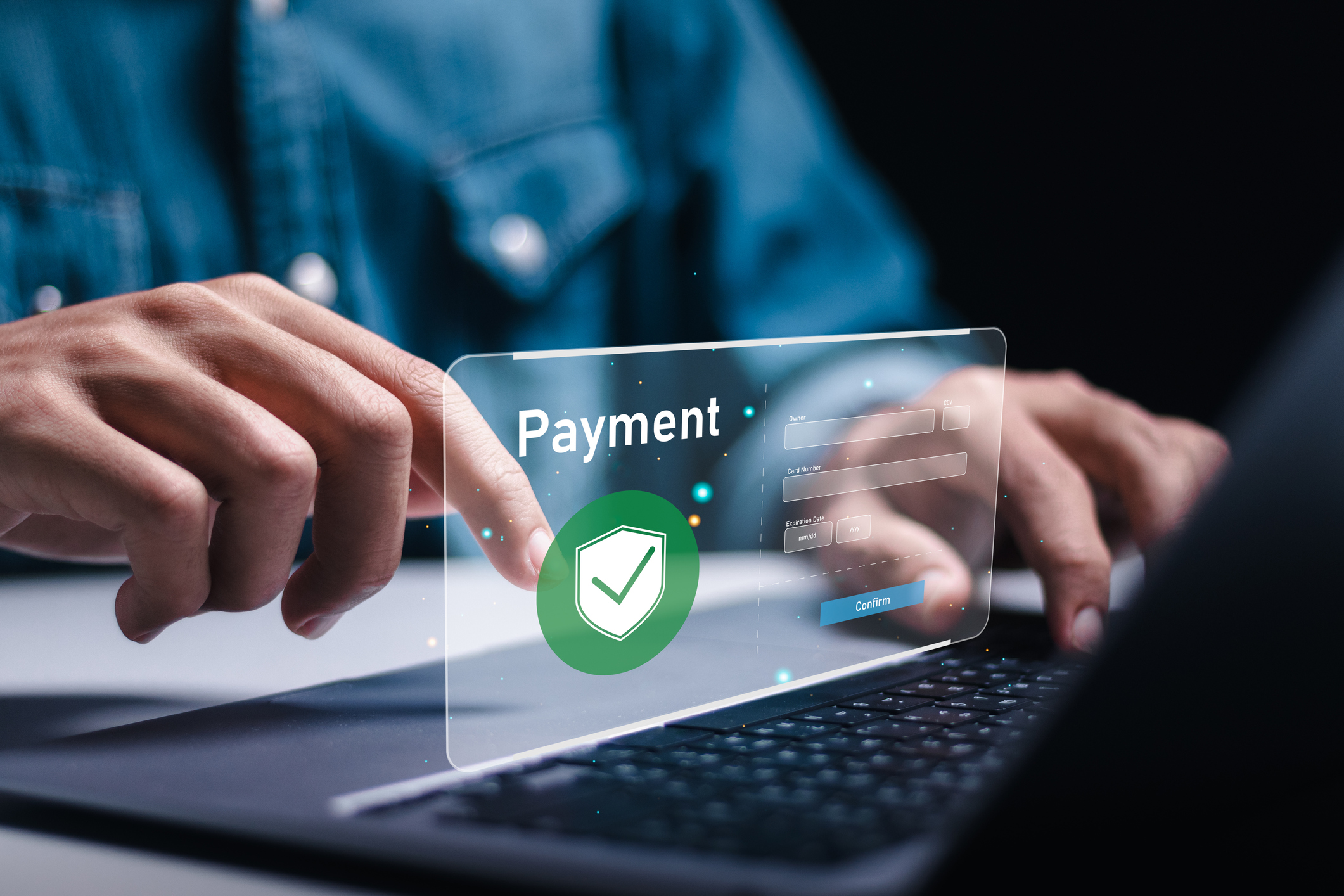 User making a secure online payment with a digital verification shield, representing fraud protection and AI-driven payment security.