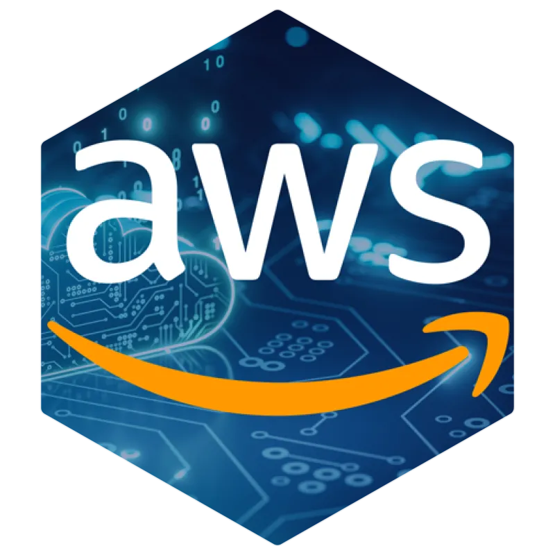 Amazon Web Services (AWS) logo over a digital cloud background, symbolising cloud computing and enterprise solutions.
