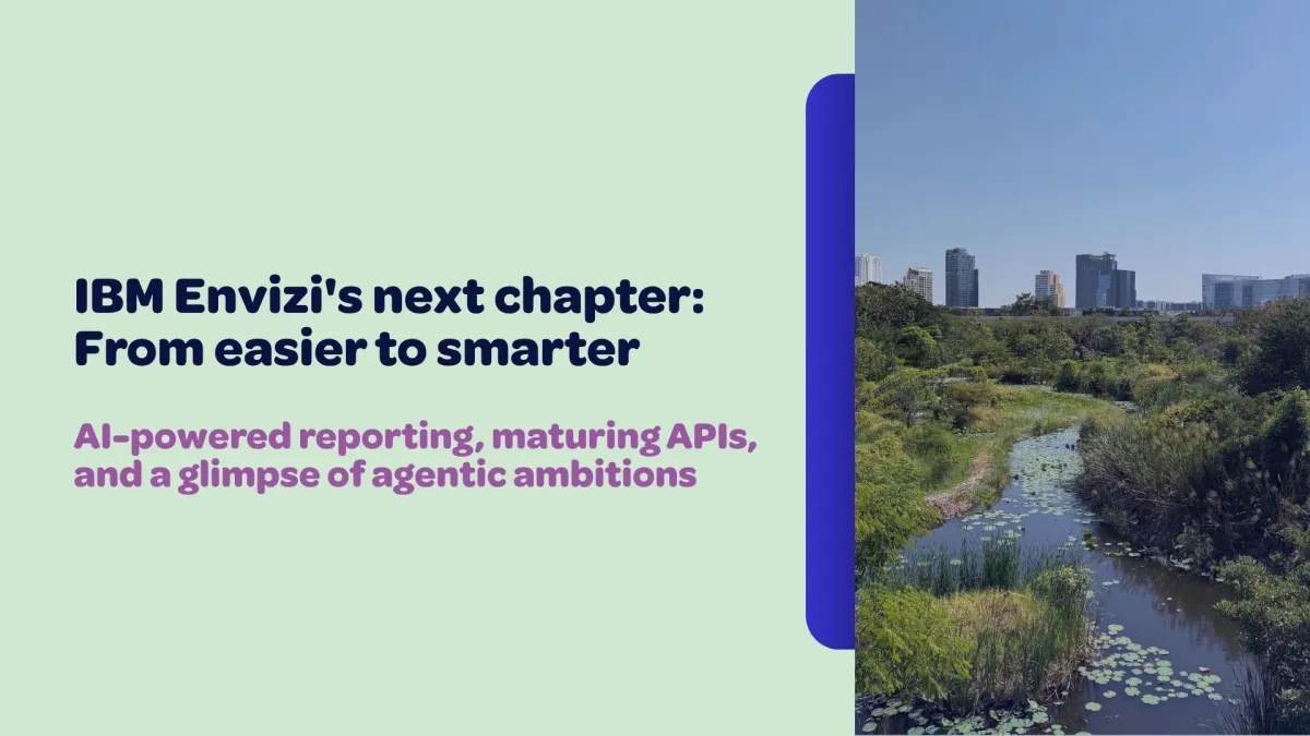 Article banner with headline about IBM Envizi's roadmap alongside an urban wetland with city skyline in background.