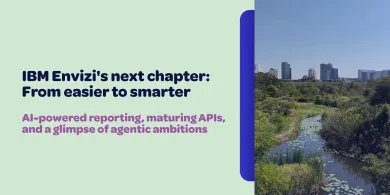 Article banner with headline about IBM Envizi's roadmap alongside an urban wetland with city skyline in background.